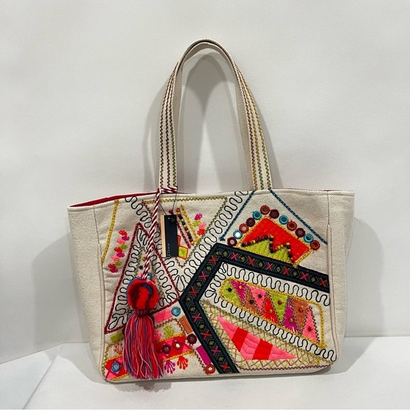 Evelyn Handbags - Heavy Canva Tote Embroidered Cream Bag Pom Pom Lined Aztec Print Multicolored